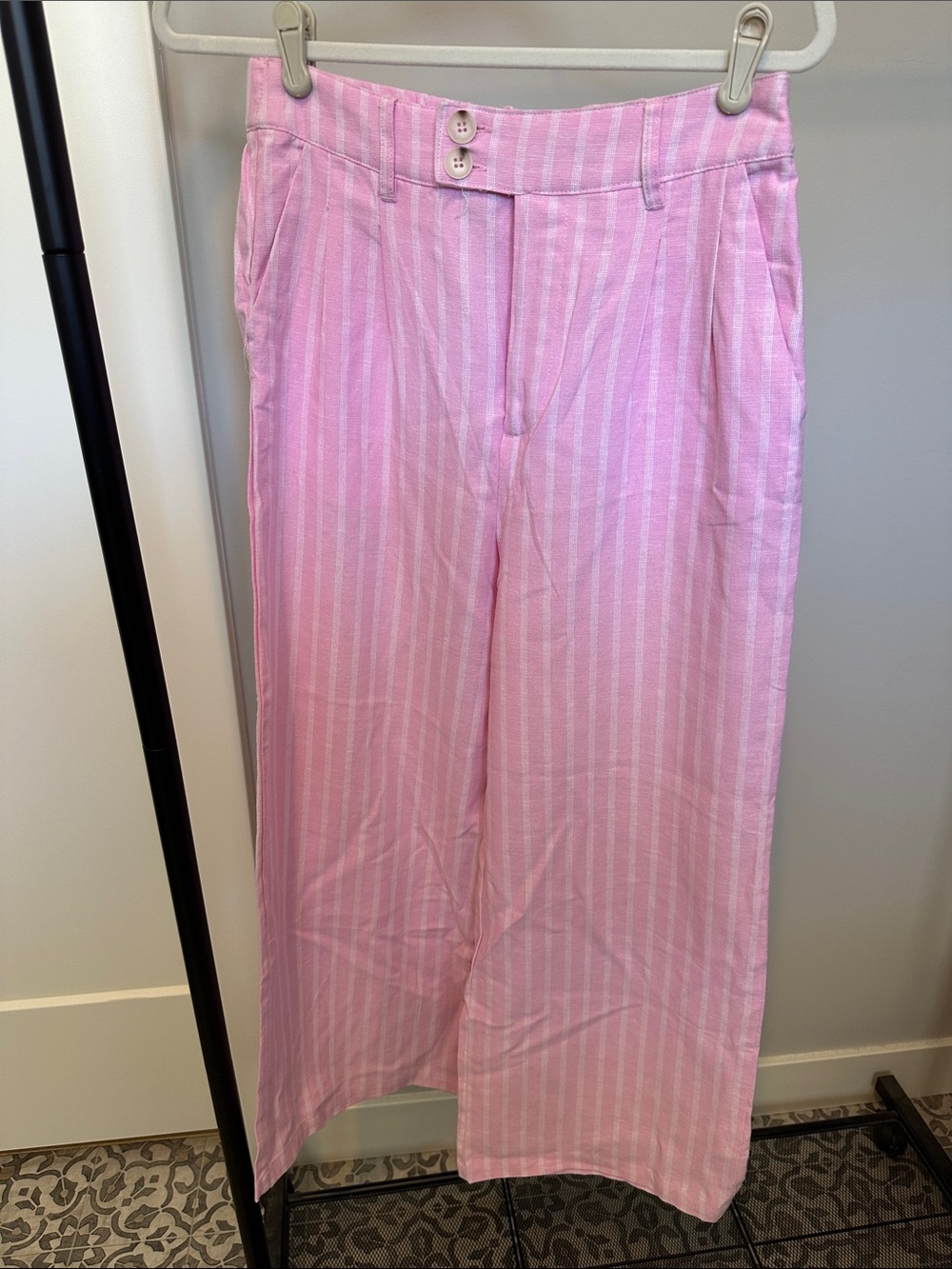 Love Tree Pink and White Striped Linen Blend Pants